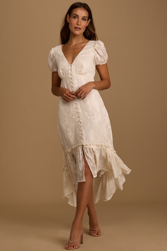 Cream Jacquard Dress - Puff Sleeve ...